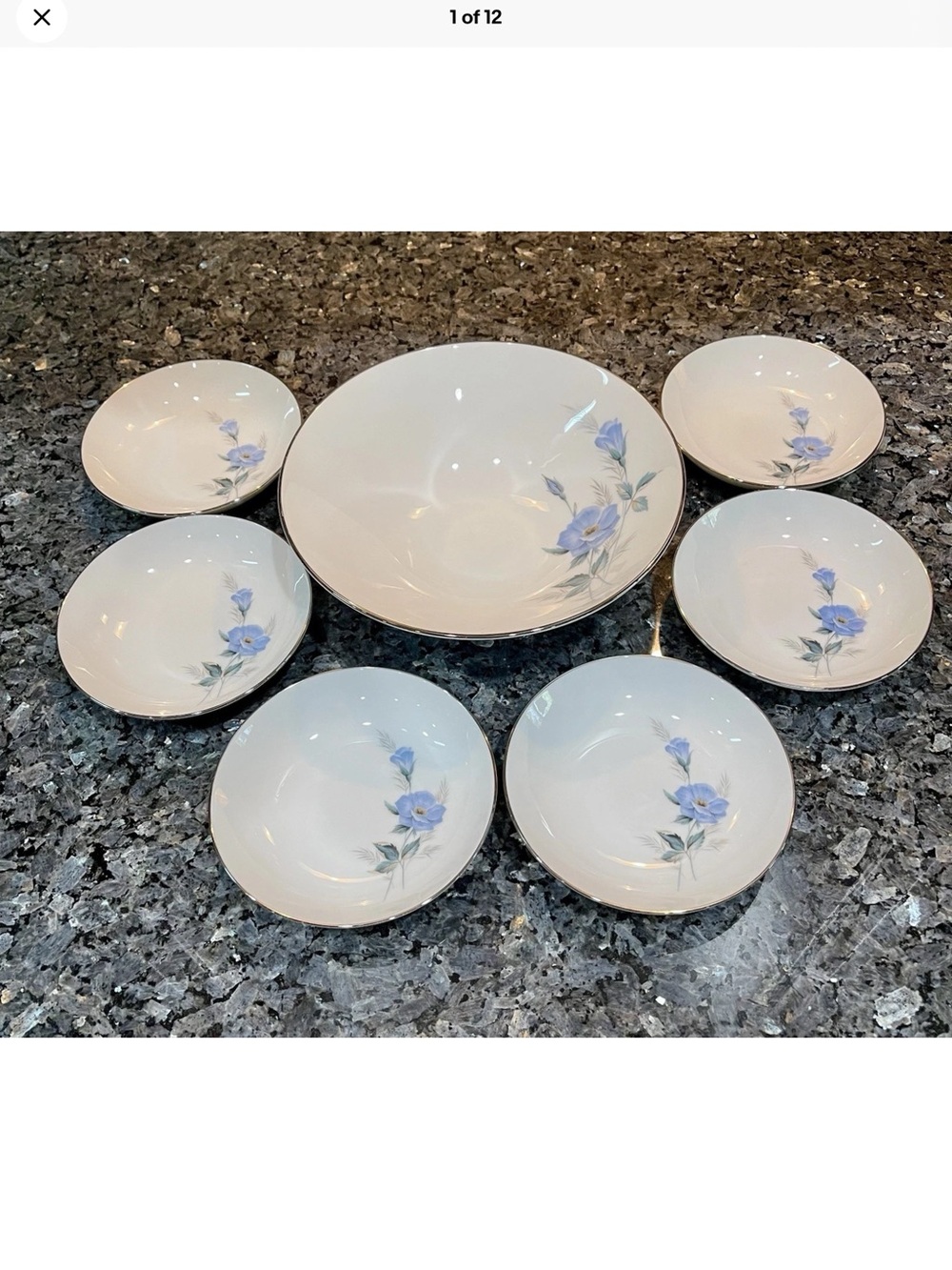 Vintage Noritake Sylvia Porcelain Serving Bowl & 6 Berry Bowls Platinum Rim 70s